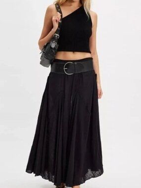 Free People Madras That Solid Linen Maxi Skirt Mid-rise Pull On Black S